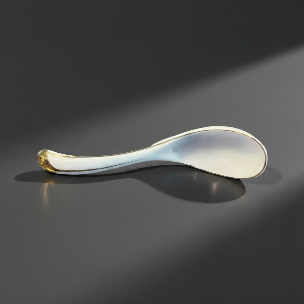 Vintage Porcelain Chinese Soup Spoon-Gold Trim-Rice Wonton Spoon-Asian-Noodle